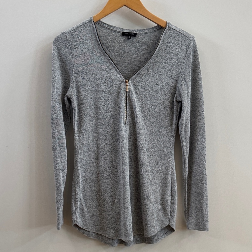 Dynamite Heather Gray Zip V-Neck Blouse